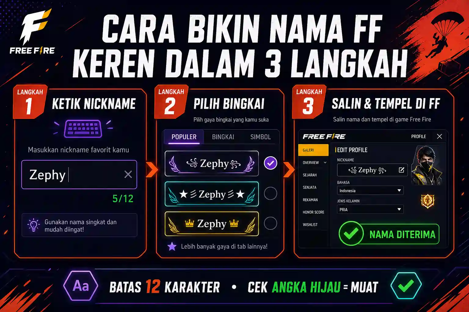 Cara bikin nama FF keren dalam 3 langkah: ketik nama, pilih bingkai, lalu salin dan tempel