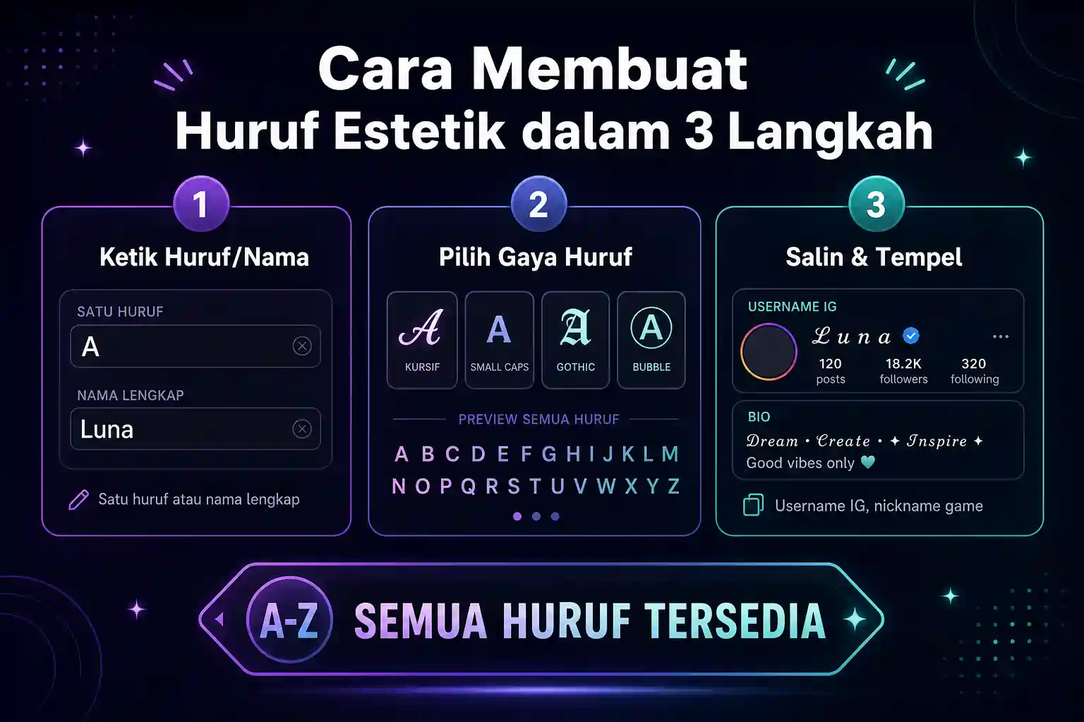 Cara membuat huruf aesthetic dalam 3 langkah: ketik huruf, pilih gaya, lalu salin dan tempel