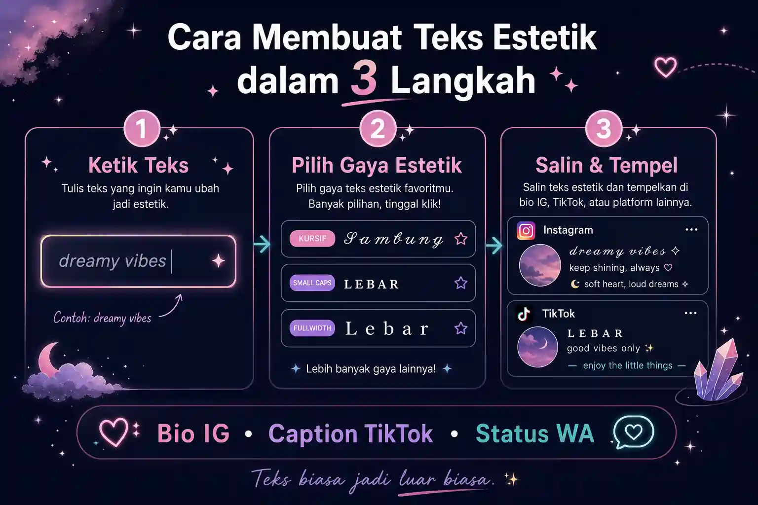 Cara membuat teks tulisan aesthetic dalam 3 langkah: ketik teks, pilih gaya, lalu salin dan tempel