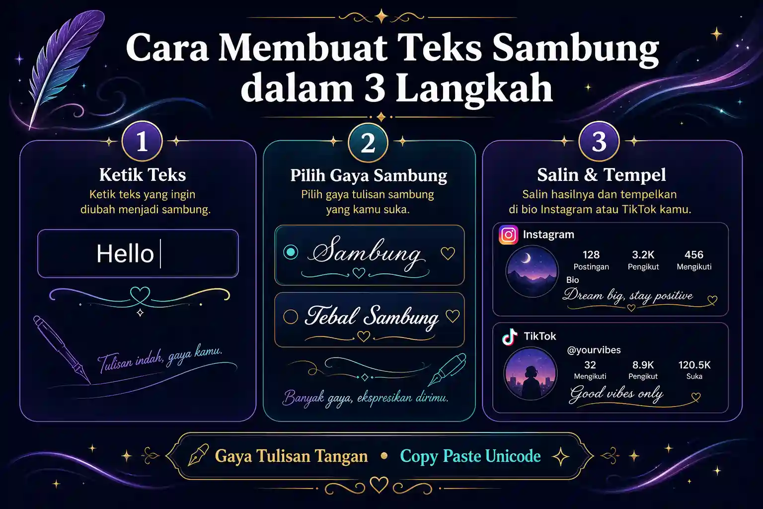 Cara membuat tulisan sambung dalam 3 langkah: ketik teks, pilih sambung, lalu salin dan tempel