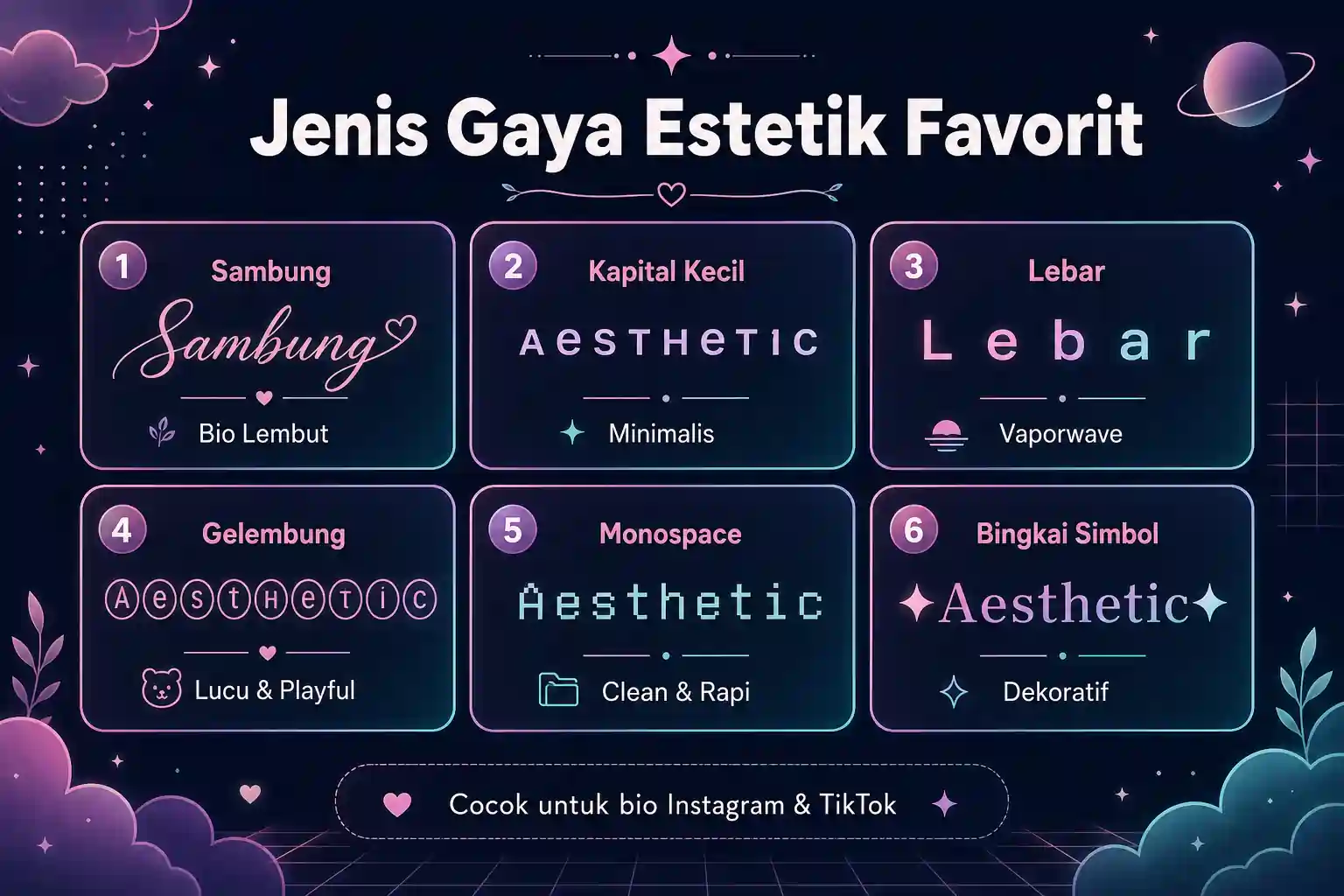 Jenis gaya estetik favorit: sambung, kapital kecil, lebar, gelembung, monospace, dan bingkai simbol