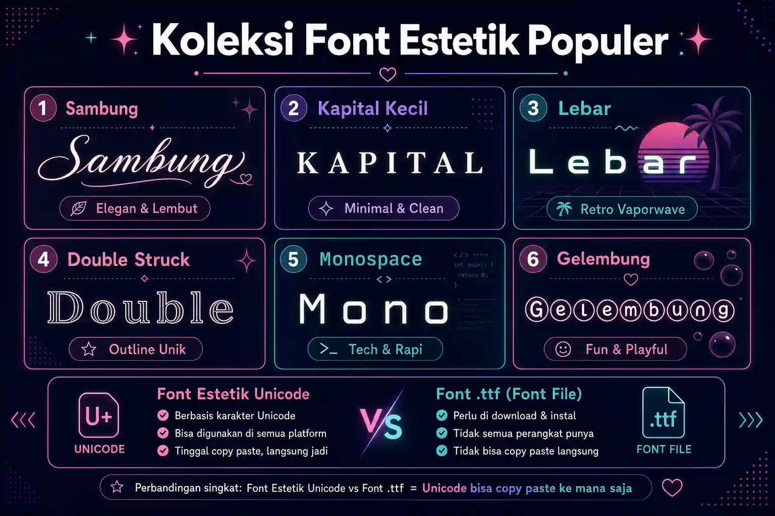 Koleksi font estetik populer: sambung, kapital kecil, lebar, outline, monospace, dan gelembung
